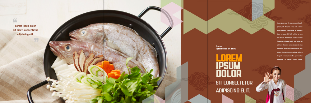 PSD 템플릿 한국전통 표지디자인 북디자인 출판디자인 여자 내지 한식 음식 리플렛 북커버 3단접지 한명 팜플렛 상반신 성인 한국인 해물요리 냄비 무 한복 생선요리 손인사 팽이버섯 파 생선찌개 이미지템플릿 1 전통 채소 뿌리채소 한국 어류 사람 동양인 버섯 인사 솥 전통의상 찌개 해산물 파일형식