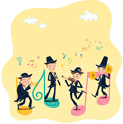 구름 남자 음악 연주 음표 일러스트 여러명 성인 공연 음악가 나팔 바이올린 심벌즈 오보에 국내일러스트 AI파일 자연요소 직업 기호 악기 다수 현악기 문화예술 타악기 사람 이벤트 목관악기 파일형식 벡터