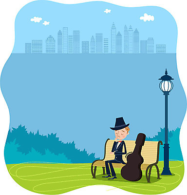 공원 남자 음악 가로등 벤치 일러스트 한명 빌딩 성인 음악가 고민 국내일러스트 AI파일 직업 1 공공시설 감정 의자 문화예술 사람 건물 파일형식 벡터