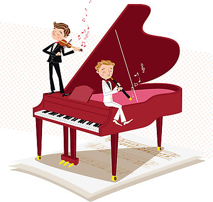 남자 악기 음악 연주 음표 일러스트 성인 두명 공연 음악가 무대 건반 바이올린 악보 그랜드피아노 오보에 국내일러스트 AI파일 직업 기호 현악기 문화예술 사람 이벤트 피아노 목관악기 파일형식 벡터