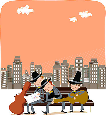 구름 남자 음악 벤치 일러스트 피곤 빌딩 성인 세명 음악가 악보 기타케이스 국내일러스트 AI파일 자연요소 직업 컨셉 의자 가방 문화예술 사람 건물 파일형식 벡터