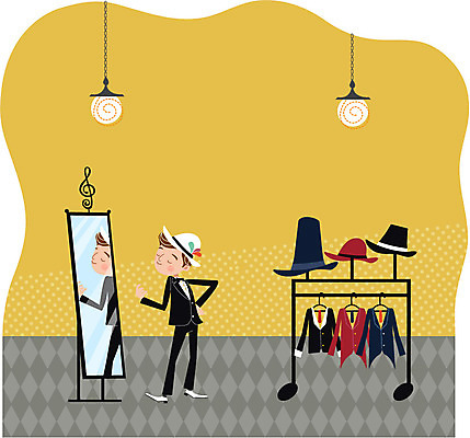 모자 남자 음악 일러스트 조명 한명 성인 음악가 거울 옷걸이 의상실 국내일러스트 AI파일 직업 1 잡화 문화예술 사람 파일형식 벡터