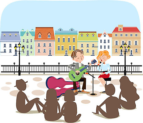 여자 남자 음악 연주 가로등 일러스트 노래 거리 주택 여러명 성인 공연 음악가 기타 마이크 국내일러스트 AI파일 직업 공공시설 음향기기 다수 현악기 문화예술 사람 이벤트 건물 파일형식 벡터