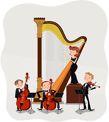 여자 남자 음악 연주 일러스트 여러명 성인 공연 음악가 무대 보면대 바이올린 첼로 하프 국내일러스트 AI파일 직업 다수 현악기 문화예술 사람 이벤트 파일형식 벡터 찰현악기