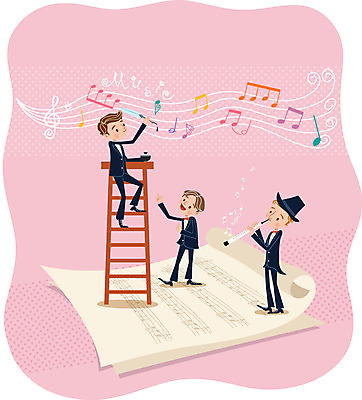 남자 음악 연주 음표 일러스트 사다리 성인 세명 음악가 높은음자리표 악보 국내일러스트 AI파일 직업 기호 문화예술 사람 도구 파일형식 벡터