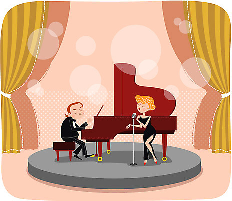 여자 남자 악기 음악 연주 일러스트 노래 성인 두명 공연 음악가 무대 커튼 건반 피아노 마이크 국내일러스트 AI파일 직업 음향기기 문화예술 사람 이벤트 건반악기 파일형식 벡터