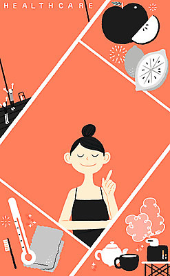 PSD 여자 일러스트 주전자 건강 한명 성인 수건 건강관리 헬스 머그컵 칫솔 사과 온도계 체온계 레몬 가습기 국내일러스트 1 과일 주방용품 관리 사람 컵 위생용품 운동 파일형식