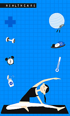 PSD 여자 일러스트 요가 건강 한명 성인 알약 건강관리 헬스 아령 요가자세 자명종 매트 짐볼 약병 온도계 체온계 줄넘기 국내일러스트 1 웰빙 시계 포즈 관리 사람 운동 약 알람 병_담는 파일형식