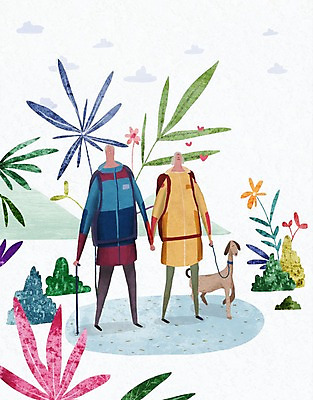 PSD 여자 할아버지 노년 남자 꽃 할머니 일러스트 두명 실버라이프 노후 노부부 산책 등산 풀잎 강아지 등산객 등산스틱 국내일러스트 식물 라이프스타일 부부 잎 휴식 사람 성인 반려동물 트래킹 풀_식물 개 등산용품 파일형식