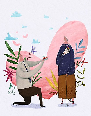 PSD 여자 할아버지 노년 남자 꽃 할머니 꽃다발 프로포즈 일러스트 지팡이 두명 실버라이프 노후 노부부 하트 반지 풀잎 국내일러스트 모양 식물 라이프스타일 부부 잎 장신구 사람 성인 풀_식물 파일형식