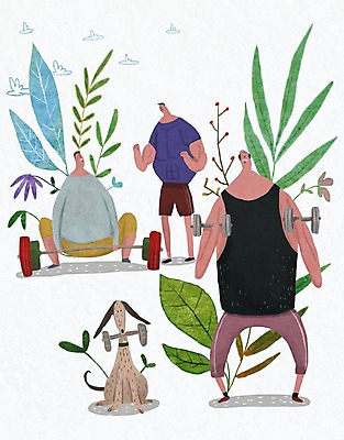 PSD 할아버지 노년 남자 꽃 일러스트 성인 세명 실버라이프 노후 운동 건강관리 아령 풀잎 강아지 역기 국내일러스트 식물 라이프스타일 잎 건강 관리 사람 반려동물 풀_식물 개 파일형식