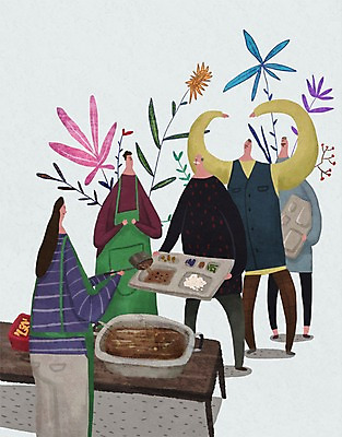 PSD 여자 할아버지 노년 남자 꽃 일러스트 여러명 성인 실버라이프 노후 봉사 풀잎 식판 무료급식 국내일러스트 식물 라이프스타일 다수 잎 사람 도움 풀_식물 급식 파일형식