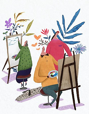 PSD 여자 할아버지 노년 남자 꽃 할머니 일러스트 성인 세명 실버라이프 노후 노부부 붓 풀잎 그리기 팔레트 강아지 이젤 국내일러스트 식물 라이프스타일 부부 잎 모션 사람 반려동물 미술도구 풀_식물 개 파일형식