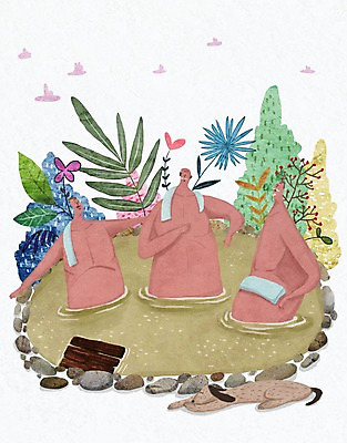 PSD 할아버지 노년 남자 꽃 일러스트 세명 실버라이프 노후 수건 온천 풀잎 강아지 노천온천 국내일러스트 식물 라이프스타일 잎 사람 성인 반려동물 위생용품 스파 풀_식물 개 파일형식