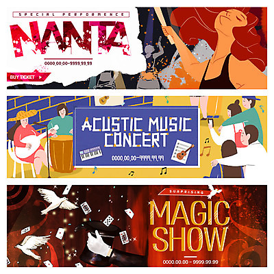 PSD 템플릿 여자 남자 웹템플릿 문화예술 이벤트 여러명 성인 콘서트 마술 기타 북 마이크 비둘기 마술사모자 길거리공연 마술쇼 이벤트배너 이미지템플릿 모자_잡화 배너 음향기기 다수 조류 현악기 타악기 사람 공연 파일형식
