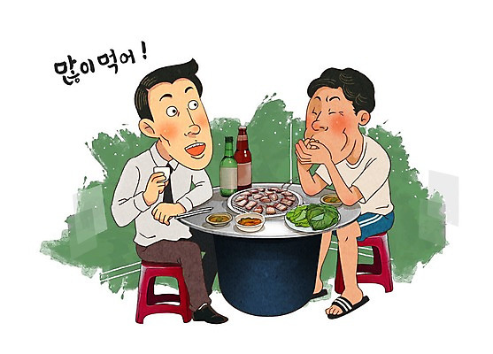 PSD 남자 의자 일러스트 젓가락 식탁 술병 성인 두명 직장인 삼겹살 맥주병 소주병 쌈채소 국내일러스트 직업 가구 채소 탁자 병_용기 맥주 주류 수저 돼지고기 사람 소주 파일형식