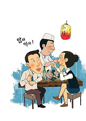 PSD 여자 남자 의자 일러스트 식탁 성인 세명 요리사 회 직장인 소주병 소주잔 일식요리사 일식집 회식 국내일러스트 직업 음식 가구 술잔 탁자 술병 사람 식당 식사 소주 파일형식