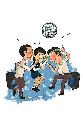 PSD 여자 남자 음표 일러스트 성인 세명 스피커 춤 직장인 클럽 미러볼 노래방 회식 국내일러스트 직업 기호 음악 음향기기 문화예술 사람 장식 식사 파일형식