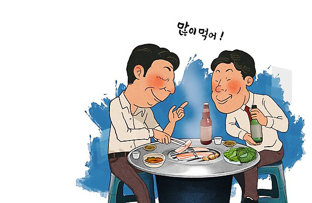 PSD 남자 의자 일러스트 식탁 술병 성인 두명 직장인 굽기 삼겹살 맥주병 소주병 소주잔 쌈채소 회식 국내일러스트 직업 가구 채소 술잔 탁자 병_용기 맥주 주류 돼지고기 사람 식사 구이 소주 파일형식