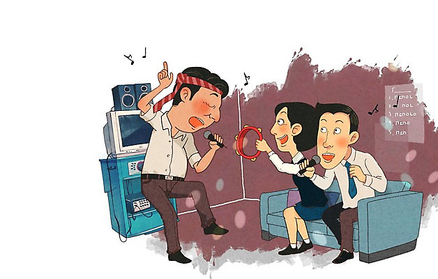 PSD 여자 남자 일러스트 노래 성인 세명 소파 춤 직장인 마이크 탬버린 노래방 회식 국내일러스트 직업 음악 음향기기 의자 문화예술 타악기 사람 식사 파일형식