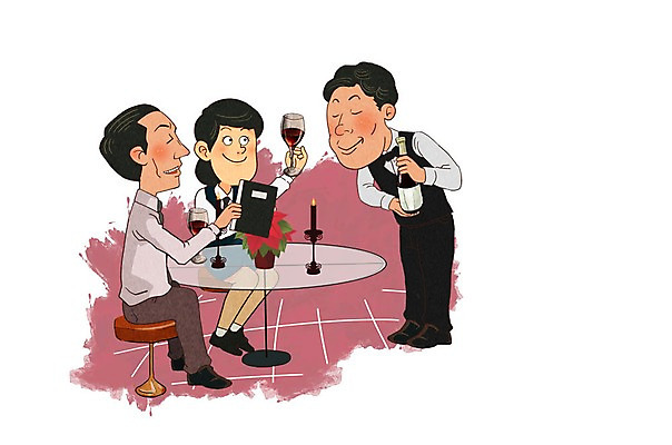 PSD 여자 남자 화분 와인잔 의자 일러스트 식탁 성인 세명 직장인 웨이터 와인병 촛대 메뉴판 회식 국내일러스트 직업 가구 술잔 탁자 병_용기 사람 와인 식사 파일형식