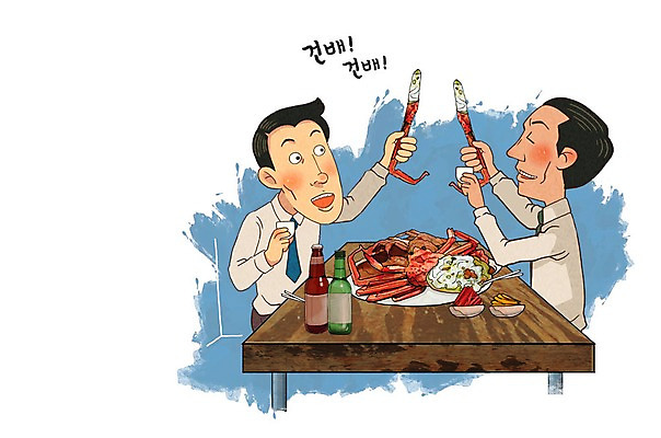 PSD 남자 일러스트 식탁 술병 성인 두명 직장인 맥주병 소주병 대게 대게요리 대게찜 소주잔 회식 국내일러스트 직업 음식 술잔 탁자 병_용기 맥주 주류 사람 식사 게 소주 파일형식