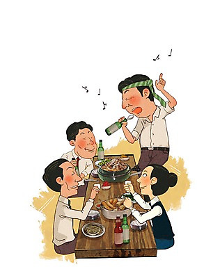 PSD 여자 남자 일러스트 노래 식탁 여러명 성인 직장인 소주병 감자탕 소주잔 어묵탕 회식 국내일러스트 직업 음악 음식 다수 술잔 탁자 술병 사람 식사 탕 소주 파일형식