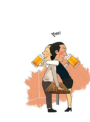 PSD 여자 남자 일러스트 탁자 성인 두명 직장인 건배 맥주잔 러브샷 회식 국내일러스트 직업 가구 술잔 사람 식사 파일형식
