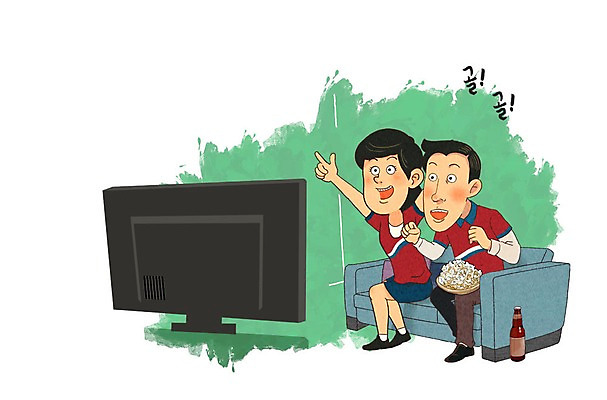 PSD 여자 남자 일러스트 응원 성인 두명 소파 텔레비전 응원복 팝콘 맥주병 국내일러스트 옷 의자 술병 맥주 사람 전자제품 파일형식