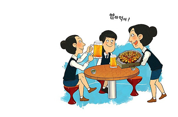 PSD 여자 의자 일러스트 탁자 피자 성인 세명 직장인 맥주잔 회식 국내일러스트 직업 가구 술잔 패스트푸드 서양음식 사람 식사 파일형식