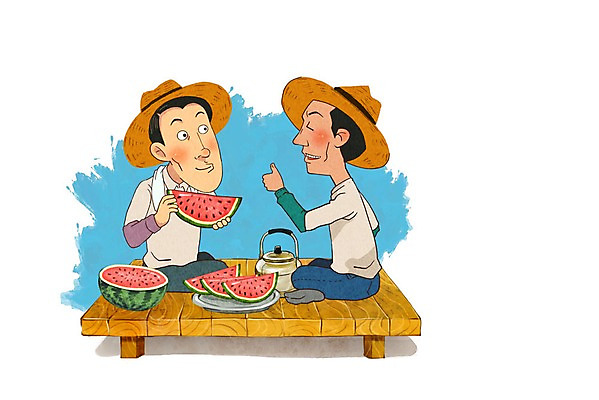 PSD 남자 일러스트 주전자 휴식 수박 성인 두명 직장인 밀짚모자 평상 국내일러스트 직업 모자_잡화 컨셉 과일 주방용품 사람 파일형식