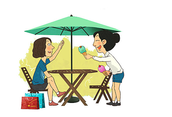 PSD 여자 의자 일러스트 성인 두명 쇼핑백 파라솔 아이스크림콘 야외테이블 국내일러스트 가구 가방 탁자 사람 콘 파일형식