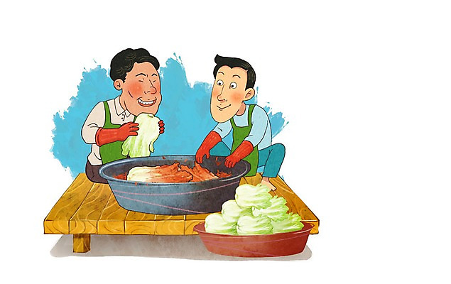 PSD 남자 일러스트 성인 두명 앞치마 배추 고무장갑 평상 김장 대야 김장재료 국내일러스트 장갑 채소 식재료 사람 고무 파일형식