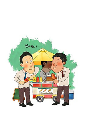 PSD 남자 일러스트 성인 세명 직장인 케첩 머스터드 핫도그 소스통 핫도그가게 국내일러스트 직업 음식 패스트푸드 통 사람 상점 소스_음식 파일형식