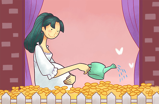 PSD 여자 꽃 일러스트 엄마 한명 성인 울타리 임산부 임신 물뿌리개 커튼 물주기 국내일러스트 식물 1 가족 모션 사람 담장 파일형식