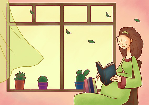 PSD 여자 화분 일러스트 창문 엄마 선인장 한명 성인 책 독서 임산부 임신 커튼 태교 국내일러스트 식물 1 가족 사람 파일형식