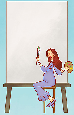 PSD 여자 의자 일러스트 엄마 한명 성인 임산부 임신 붓 팔레트 이젤 국내일러스트 1 가구 가족 사람 미술도구 파일형식