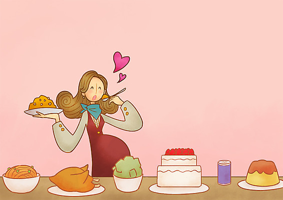 PSD 여자 음식 일러스트 엄마 한명 성인 케이크 치킨 임산부 임신 국내일러스트 1 가족 디저트 사람 닭고기요리 파일형식