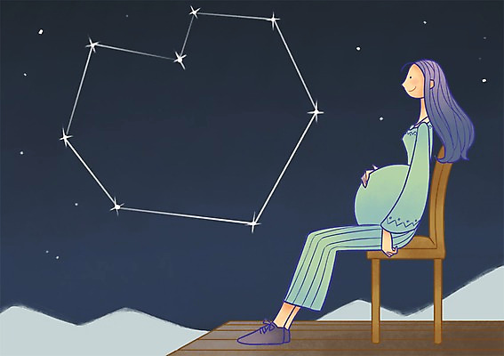 PSD 여자 의자 일러스트 밤하늘 엄마 산 한명 성인 임산부 임신 별자리 국내일러스트 1 가구 가족 하늘 사람 야간 파일형식