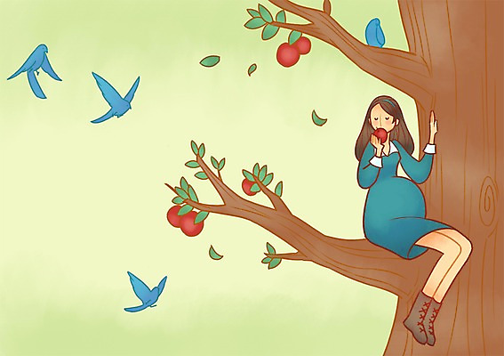 PSD 나무 여자 일러스트 조류 엄마 한명 성인 임산부 임신 사과 국내일러스트 식물 동물 1 과일 가족 사람 파일형식