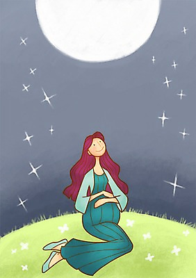 PSD 여자 일러스트 밤하늘 엄마 한명 성인 임산부 임신 달 언덕 국내일러스트 자연요소 1 가족 하늘 사람 야간 파일형식