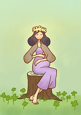 PSD 여자 일러스트 엄마 한명 성인 화관 임산부 임신 네잎클로버 나무밑둥 국내일러스트 나무 식물 1 꽃 가족 사람 클로버 파일형식