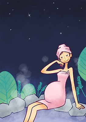 PSD 나무 여자 일러스트 밤하늘 엄마 한명 성인 온천 임산부 임신 노천온천 국내일러스트 식물 1 가족 하늘 사람 스파 야간 파일형식