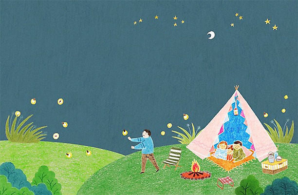 PSD 여자 남자 별 어린이 일러스트 가족 밤하늘 텐트 캠핑도구 여러명 성인 캠핑 달 모닥불 반딧불이 국내일러스트 자연요소 다수 곤충 관계 하늘 불 레저 사람 도구 야간 파일형식