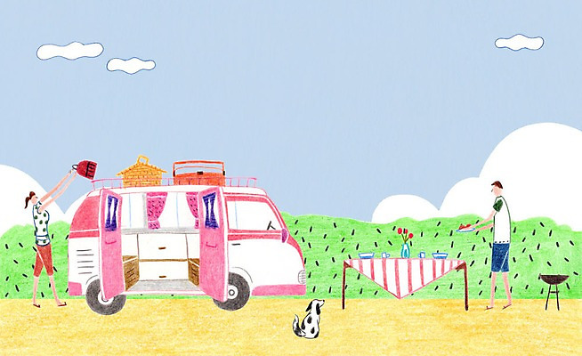 PSD 구름 여자 남자 일러스트 탁자 캠핑도구 성인 두명 캠핑 강아지 캠핑카 국내일러스트 자연요소 가구 자동차 레저 사람 반려동물 도구 개 파일형식