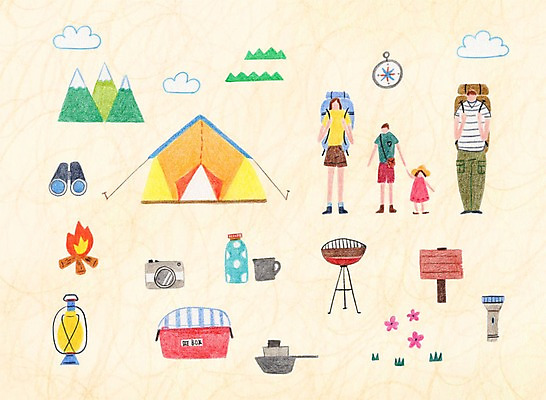 PSD 구름 여자 남자 어린이 일러스트 배낭 산 텐트 캠핑도구 여러명 성인 카메라 망원경 캠핑 손전등 랜턴 나침반 모닥불 코펠 아이스박스 바베큐그릴 국내일러스트 자연요소 다수 가방 불 레저 조명 사람 전자제품 도구 그릴 바비큐 파일형식