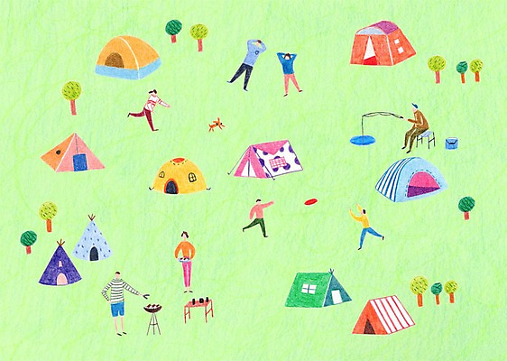 PSD 나무 여자 남자 어린이 일러스트 텐트 캠핑도구 여러명 성인 캠핑 낚싯대 강아지 캠핑장 바베큐그릴 원반던지기 국내일러스트 식물 다수 레저 사람 반려동물 도구 낚시용품 개 그릴 바비큐 파일형식