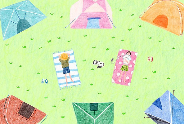 PSD 여자 남자 일러스트 텐트 캠핑도구 성인 두명 캠핑 강아지 캠핑장 돗자리 국내일러스트 레저 사람 반려동물 도구 개 파일형식