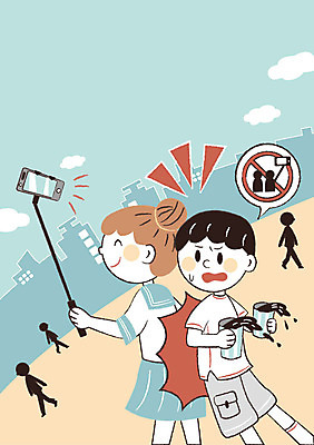 여자 남자 일러스트 거리 성인 두명 스마트폰 예절 충돌 공공예절 셀카봉 프레임일러스트 국내일러스트 AI파일 프레임 사람 핸드폰 스마트기기 파일형식 벡터