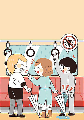 여자 남자 일러스트 우산 손잡이 성인 세명 젖음 예절 전철 프레임일러스트 국내일러스트 AI파일 육상교통 대중교통 프레임 사람 파일형식 벡터